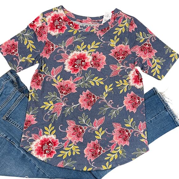 NWT LOFT Blue Floral Elbow Sleeve Cotton Crewneck Tee - SIZE XS - Picture 2 of 8